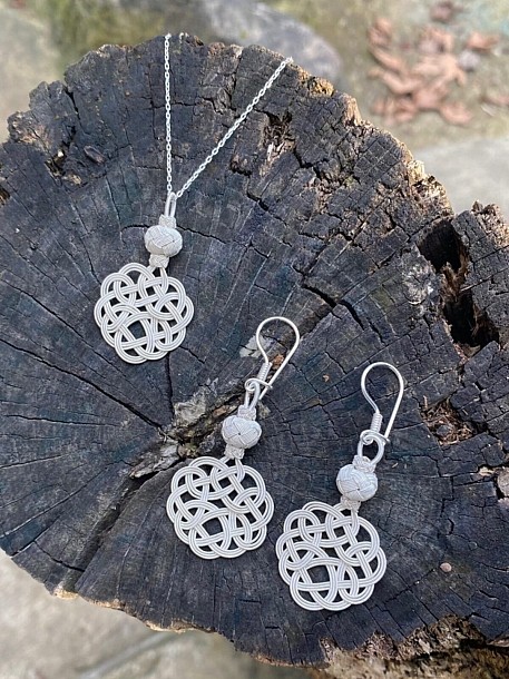 Gümüş Kazaziye Üç Sıralı Aşk Düğümü Kolye Küpe Set Set04, One Size