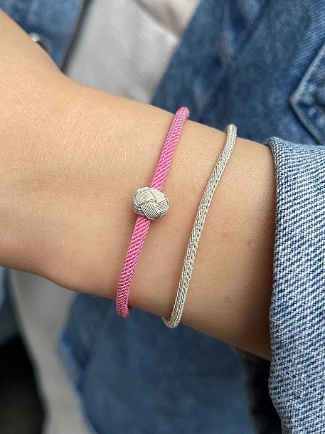 Kazaziye Pembe Renkli Bileklik Kombin, 999 Ayar Gümüş, Zincir ve Top Detaylı Set (2’li)