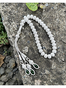 Gümüş Kazaziye Zirkon Taş Detaylı Orta Boy Tesbih - Efsane Gümüş İşçiliği- Hediye Tesbih