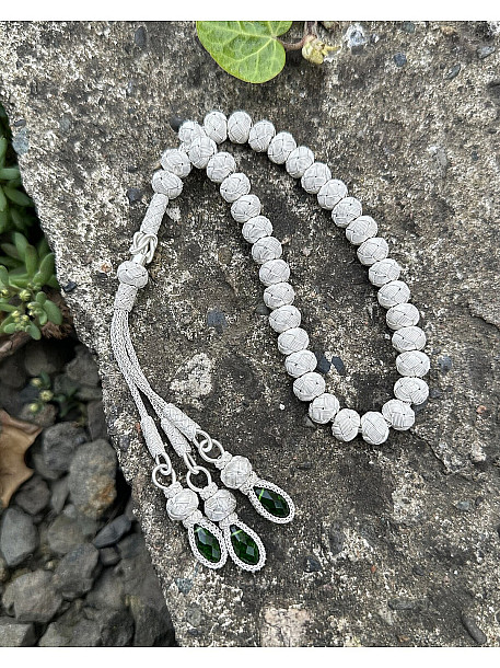 Gümüş Kazaziye Zirkon Taş Detaylı Orta Boy Tesbih - Efsane Gümüş İşçiliği- Hediye Tesbih