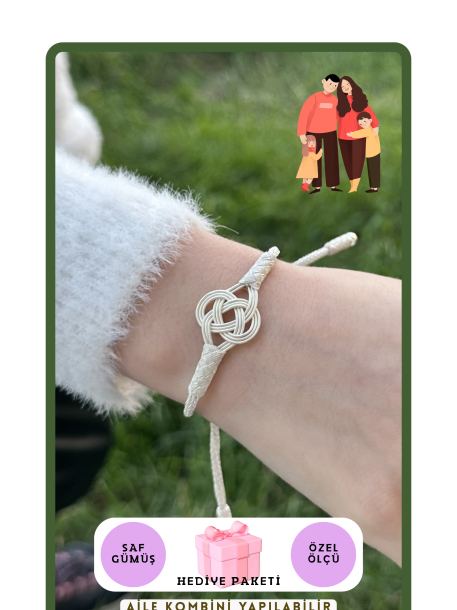 Kazaziye El Örmesi Şems Düğümü Asansörlü Gümüş Çocuk Bileklik Anne-Kız Kombini 1000 Ayar BIL101GUKIZ