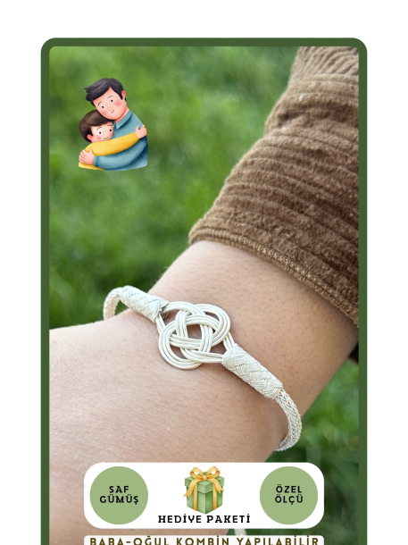 Kazaziye Şems Düğümü Asansörlü Gümüş Erkek Çocuk Bileklik Baba-Oğul Kombini 1000 Ayar BIL101GUERK