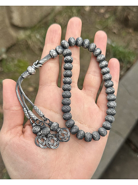 Şems Düğümü Kazaziye Oksitli Gümüş Tesbih - Üç Sallantılı Orta Boy