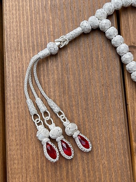 Kırmızı Zirkon Taşlı Gümüş Kazaziye Tesbih