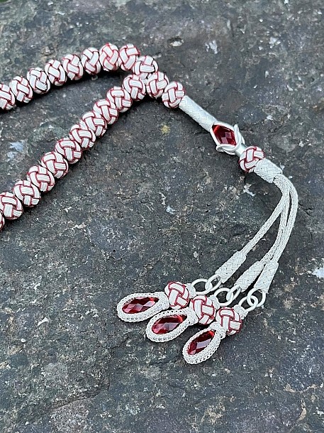 Kırmızı Zirkon Taşlı Kırmızı Detaylı Gümüş Kazaziye Tesbih