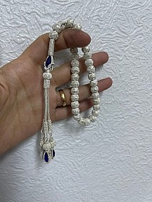 Lacivert Zirkon Taşlı Gümüş Kazaziye El Örgüsü Tesbih - Orta Boy