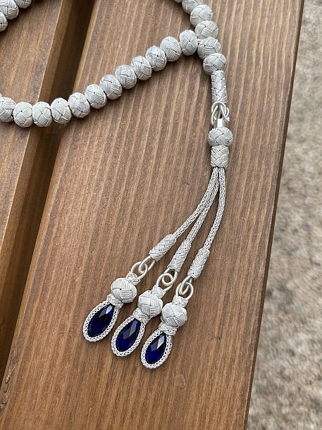 Lacivert Zirkon Taşlı Gümüş Kazaziye El Örgüsü Tesbih - Orta Boy