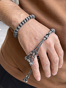 Maskülen Şıklıkta Oksitli Gümüş Kazaziye Zaza Tesbih ve Bileklik Kombini- Hediyelik Özel Kutusunda