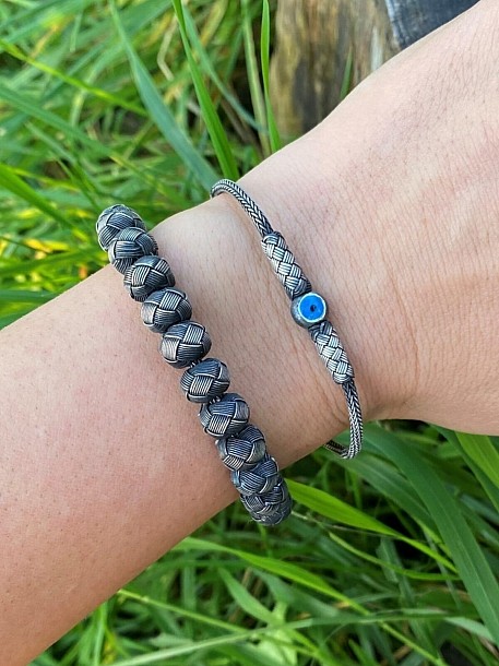 Nazar Boncuklu Ve Kazaziye Boncuklu Bileklik Ikili Kombin Oksitli Gümüş Kazaziye El Örgüsü