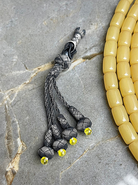 Saf Gümüş El Yapımı Trabzon Kazaziyesi Renkli Boncuklu Dörtlü Tesbih Püskülü