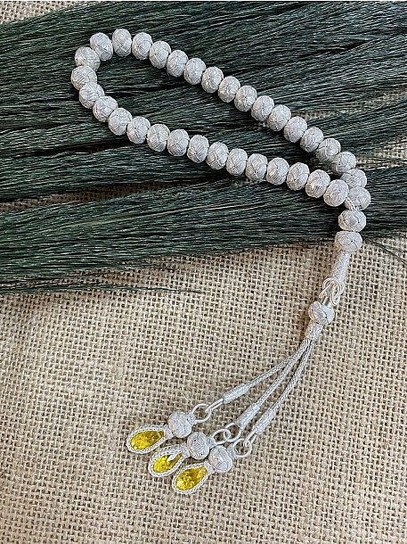 Gümüş Kazaziye Sarı Zirkon Taşlı El Örmesi Tesbih