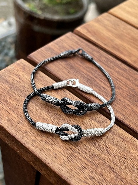 Gümüş Kazaziye Gemici Düğümü Bileklik Çift Seti, El Yapımı Örgü, Siyah Beyaz Oksitli, Sevgili Kombini