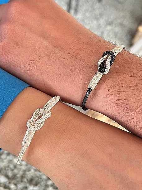 Gümüş Kazaziye Gemici Düğümü Bileklik Çift Seti, El Yapımı Örgü, Gümüş Siyah Beyaz, Sevgili Kombini