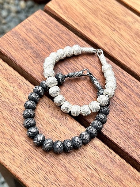 Kazaziye Gümüş Örgü Toplu Bileklik Çift Seti, El Yapımı Örgü, Gümüş Siyah, Sevgili Kombini