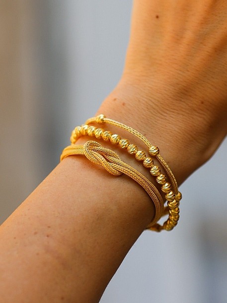 Kazaziye Altın Dorika Bileklik Seti, 999 Ayar Gümüş, Çift Gemici ve Boncuk Detaylı 3’lü Kombin, Altın Renk, Şık Gösterişli