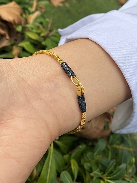 Siyah- Gold Gümüş Kazaziye Zincir Örgü Bileklik