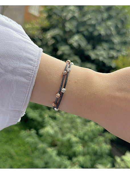 Siyah Gümüş Kazaziye İki Zincirli Dorika Bileklik- Geleneksel El Sanatı