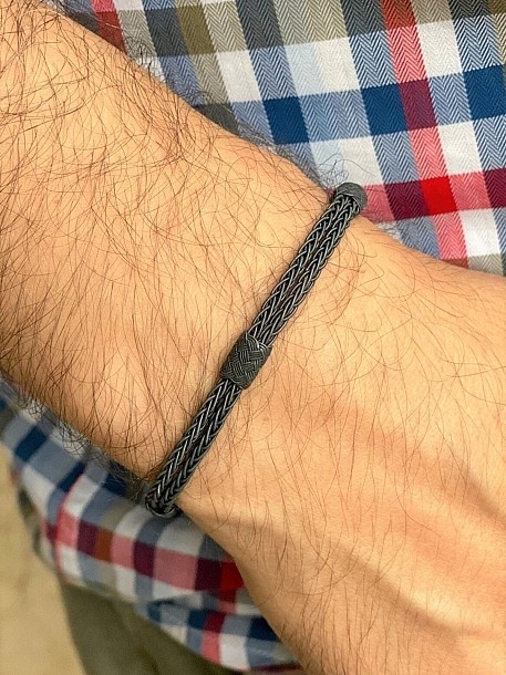 Siyah Gümüş Örgü Çift Sıra Tilki Kuyruğu Bileklik