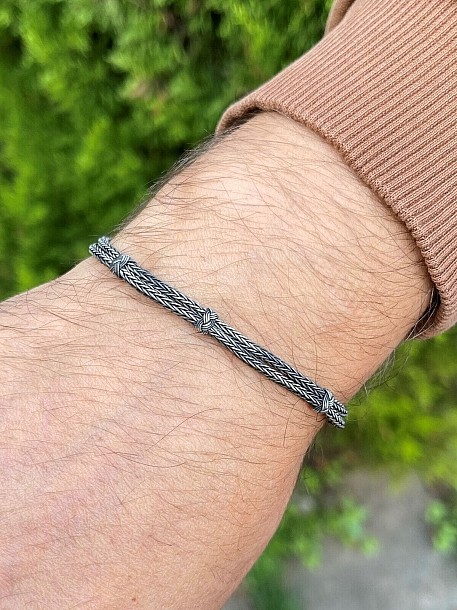 Unisex Gümüş Eskitme Çift Zincir Oksitli Kazaziye Bileklik