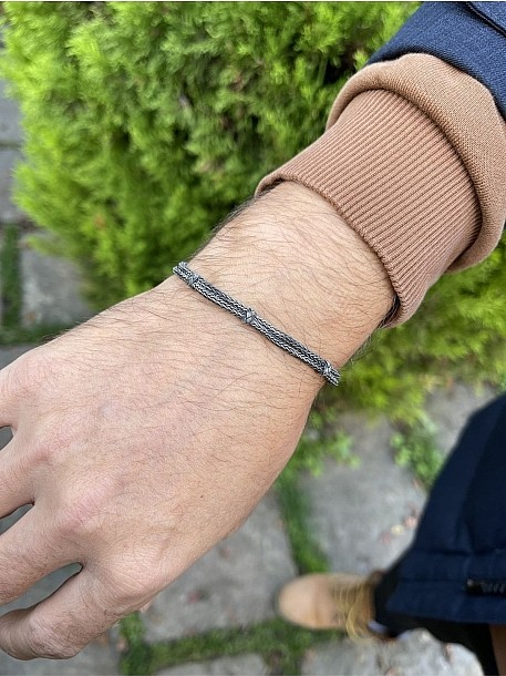 Unisex Gümüş Eskitme Çift Zincir Oksitli Kazaziye Bileklik