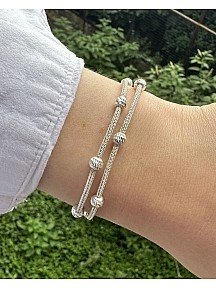 Dorika Boncuk Detaylı İki Zincirli Gümüş Kazaziye Bileklik
