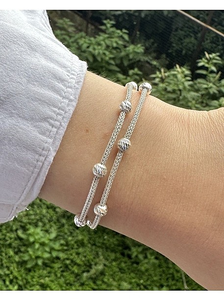 Dorika Boncuk Detaylı İki Zincirli Gümüş Kazaziye Bileklik