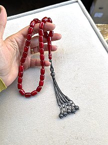 Kazzaze Gümüş Kazaziye Beş Püsküllü Hediyelik Ateş/ Sıkma Kehribar Özel İşçilikli Tespih, Kutulu Ürün