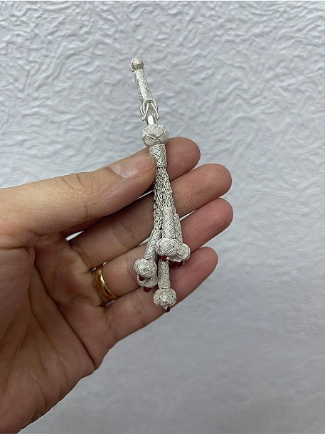 Gümüş Kazaziye Burgu Zincirli Bordo Detaylı Beş Sallantılı Tesbih Püskülü
