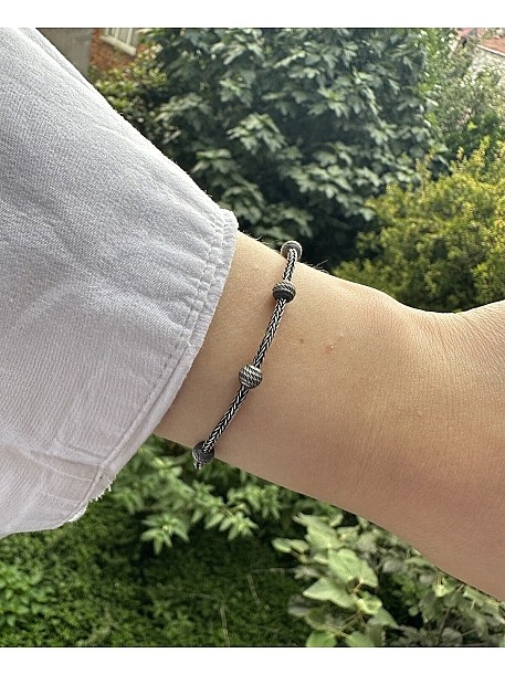 Gümüş Kazaziye Dorika Boncuklu Oksitli Gümüş Bileklik Unisex