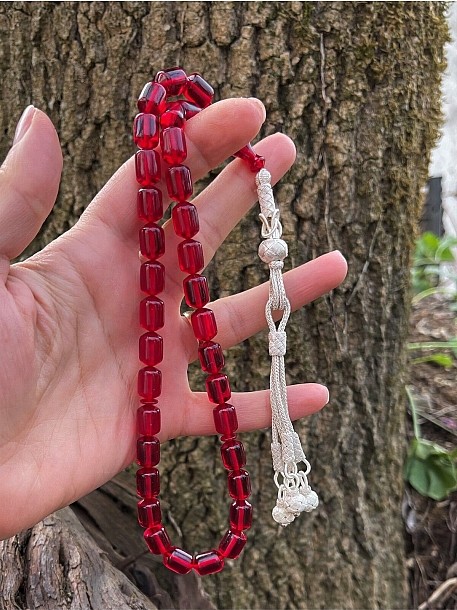 Gümüş Kazaziye Şahinbey Dört Püsküllü Kırmızı Ateş Kehribar Tesbih