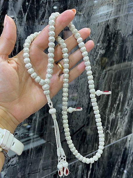 Kırmızı Zirkon Taş Detaylı Gümüş Kazaziye Namaz Tesbihi