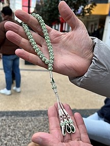 Kazzaze Yeşil Zirkon Taşlı Yeşil Detaylı Gümüş Kazaziye Tesbih