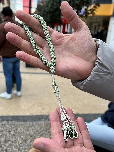 Yeşil Zirkon Taşlı Yeşil Detaylı Gümüş Kazaziye Tesbih