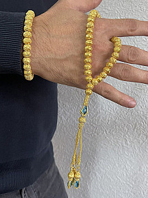 Kazzaze Zamansız Şıklık: TurkuazTaş Detaylı Yaldızlı Gümüş Kazaziye Orta Boy Tesbih ve Bileklik Kombini