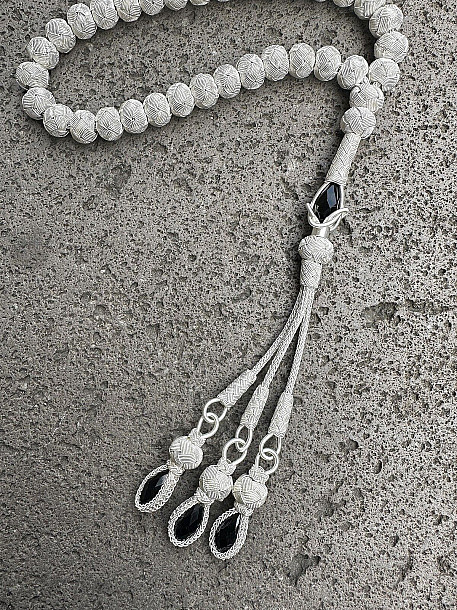 Zirkon Taşlı Gümüş Kazaziye Üç Püsküllü Tesbih