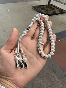 Zirkon Taşlı Gümüş Kazaziye Üç Püsküllü Tesbih