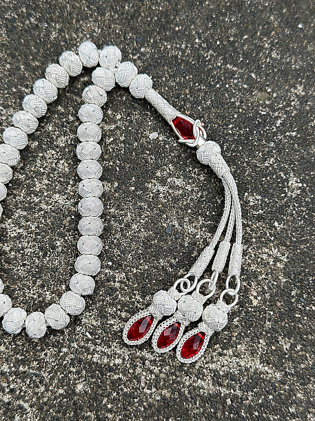 Zirkon Taşlı Gümüş Kazaziye Üç Püsküllü Tesbih